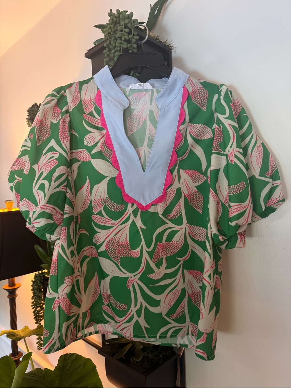 THML Green Floral Puff-Sleeve V-Neck Top with Blue and Pink Trim